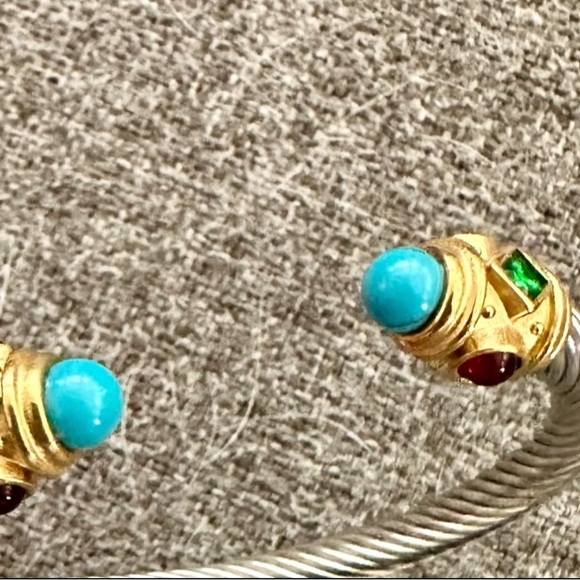 Silver twisted cuff bracelet with gold accents and rhinestones with turq… - Picture 4 of 5